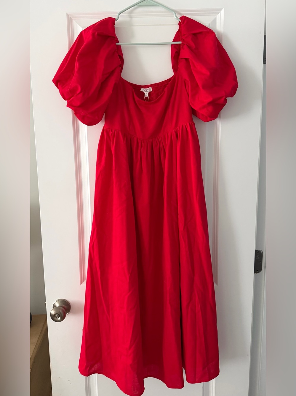 Worth Collective Hamilton Red Puff-Sleeve Midi Dress - Picture 2 of 7